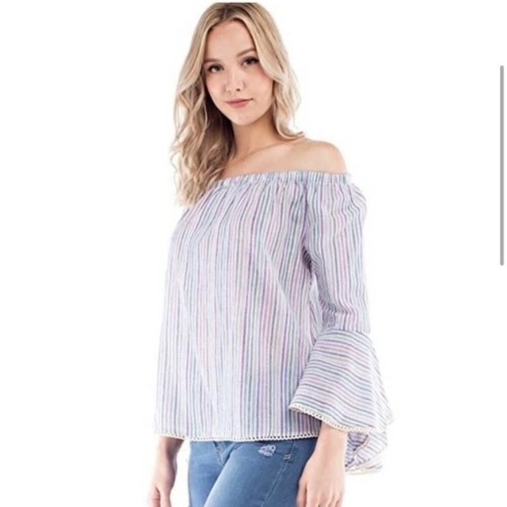 Solitaire Top Off the Shoulder Bell Sleeve Pastel Stripe Size Large‎